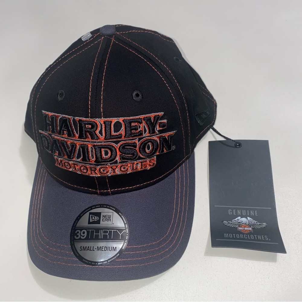 NEW ERA 39THIRTY Harley Davidson Men Stretch Fit Black Orange Baseball Hat S-M